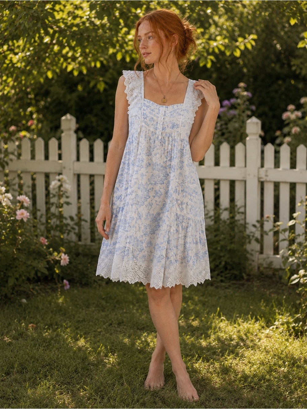 Rachel Ashwell 100% Cotton Blue Toile Eyelet Lace Babydoll Dress